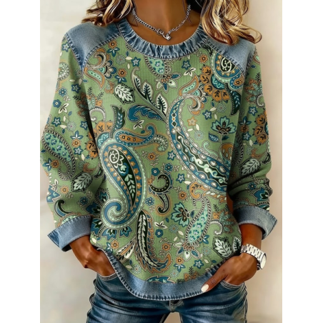 Women Paisley Crew Neck Printing Vintage Spring/Fall Long Sleeve Sweatshirt