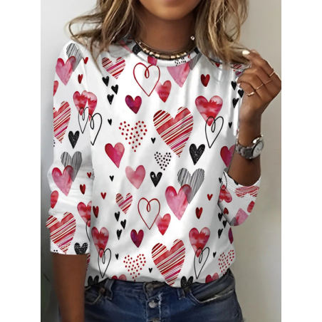 Women Heart/Cordate Long Sleeve Tee T-shirt Crew Neck Printing Casual Graphic Tee Spring/Fall Top