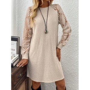 Women Floral Long Sleeve Crew Neck Jacquard Dress Daily Vintage Midi Fit & Flare Dress A-Line Spring/Fall Dress