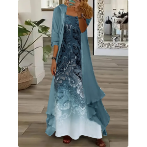 Women Floral Printing Two-Piece Set Daily Three Quarter Sleeve Casual Spring/Fall Dress With Coat Matching Set