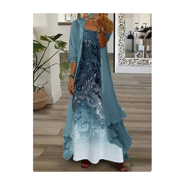 Women Floral Printing Two-Piece Set Daily Three Quarter Sleeve Casual Spring/Fall Dress With Coat Matching Set