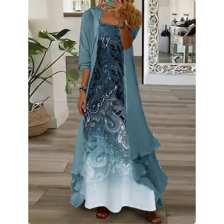 Women Floral Printing Two-Piece Set Daily Three Quarter Sleeve Casual Spring/Fall Dress With Coat Matching Set