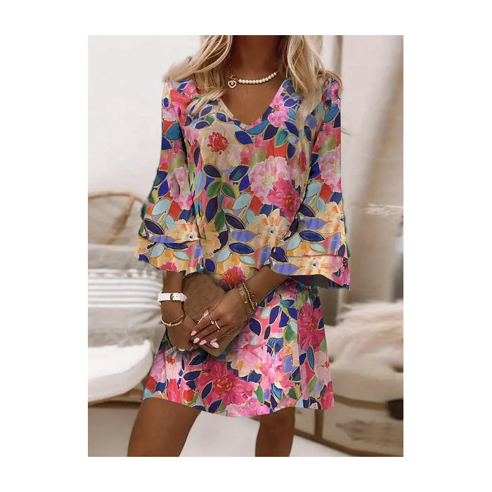 Women's Floral Half Sleeve Summer Printing Dress V Neck Daily Casual Midi Classic H-Line Dress