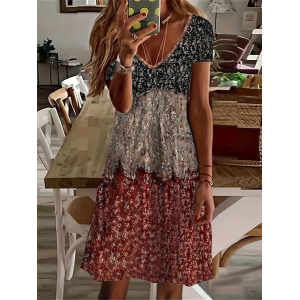 Women Floral Short Sleeve Summer Printing Dress V Neck Daily Casual Midi Fit & Flare Dress A-Line Dress