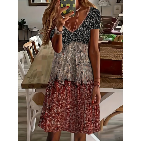Women Floral Short Sleeve Summer Printing Dress V Neck Daily Casual Midi Fit & Flare Dress A-Line Dress