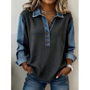 Women Color Block Shawl Collar Casual Spring/Fall Long Sleeve Sweatshirt