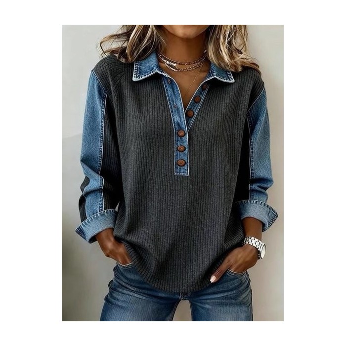 Women Color Block Shawl Collar Casual Spring/Fall Long Sleeve Sweatshirt