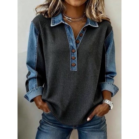 Women Color Block Shawl Collar Casual Spring/Fall Long Sleeve Sweatshirt