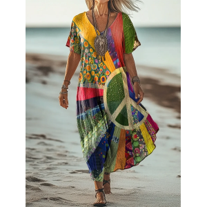 Women's Hippie Short Sleeve Summer Printing Dress V Neck Daily Casual Maxi T-Shirt Dress H-Line Dress
