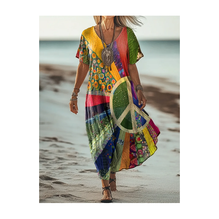 Women's Hippie Short Sleeve Summer Printing Dress V Neck Daily Casual Maxi T-Shirt Dress H-Line Dress