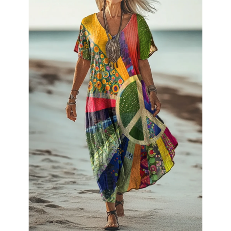 Women's Hippie Short Sleeve Summer Printing Dress V Neck Daily Casual Maxi T-Shirt Dress H-Line Dress