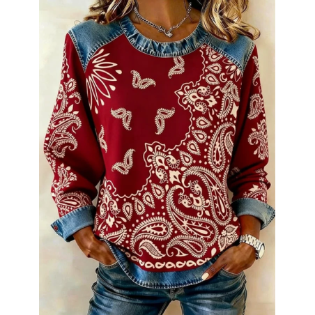 Women Paisley Crew Neck Printing Vintage Spring/Fall Long Sleeve Sweatshirt