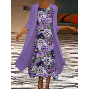 Women Floral Printing Two-Piece Set Daily Three Quarter Sleeve Casual Spring/Fall Dress With Coat Matching Set