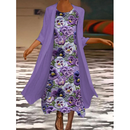 Women Floral Printing Two-Piece Set Daily Three Quarter Sleeve Casual Spring/Fall Dress With Coat Matching Set