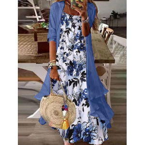 Women Floral Printing Two-Piece Set Daily Three Quarter Sleeve Casual Spring/Fall Dress With Coat Matching Set