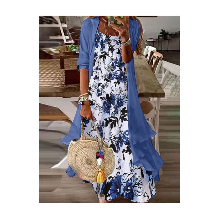 Women Floral Printing Two-Piece Set Daily Three Quarter Sleeve Casual Spring/Fall Dress With Coat Matching Set