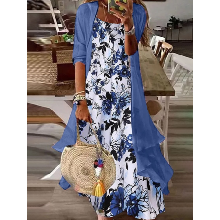 Women Floral Printing Two-Piece Set Daily Three Quarter Sleeve Casual Spring/Fall Dress With Coat Matching Set