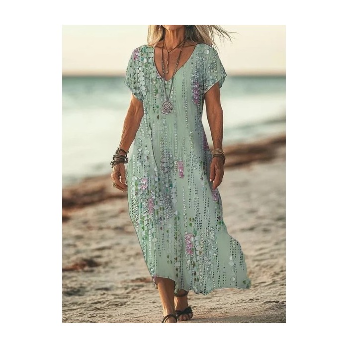 Women Striped Short Sleeve Summer Printing Dress V Neck Daily Casual Maxi X-Line Dress