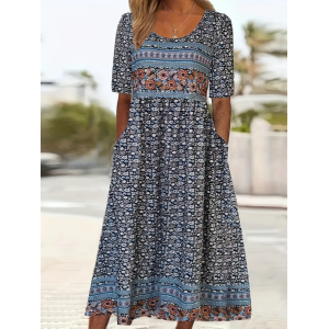 Women Floral Short Sleeve Summer Printing Dress Crew Neck Daily Casual Maxi Shift Dress H-Line Dress
