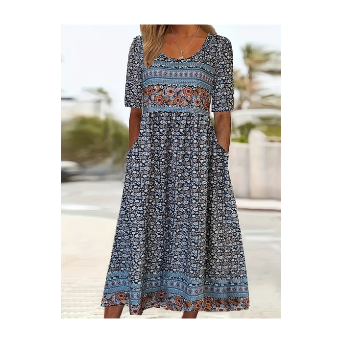 Women Floral Short Sleeve Summer Printing Dress Crew Neck Daily Casual Maxi Shift Dress H-Line Dress