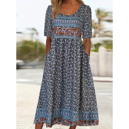 Women Floral Short Sleeve Summer Printing Dress Crew Neck Daily Casual Maxi Shift Dress H-Line Dress