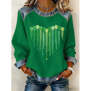 Women Shamrock Crew Neck Printing Vintage Spring/Fall Long Sleeve Sweatshirt