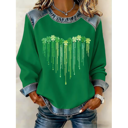 Women Shamrock Crew Neck Printing Vintage Spring/Fall Long Sleeve Sweatshirt
