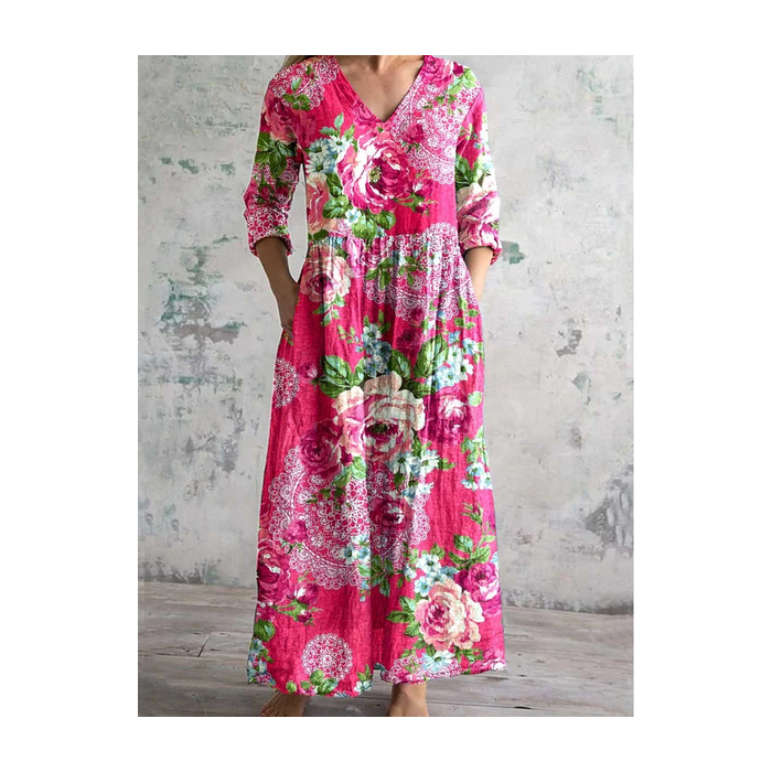 Women's Floral Long Sleeve Spring/Fall Printing Dress V Neck Daily Casual Maxi T-Shirt Dress A-Line Dress