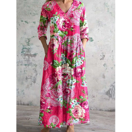 Women's Floral Long Sleeve Spring/Fall Printing Dress V Neck Daily Casual Maxi T-Shirt Dress A-Line Dress
