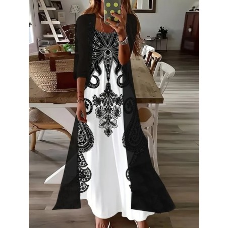 Women Floral Printing Two-Piece Set Daily Three Quarter Sleeve Casual Spring/Fall Dress With Coat Matching Set