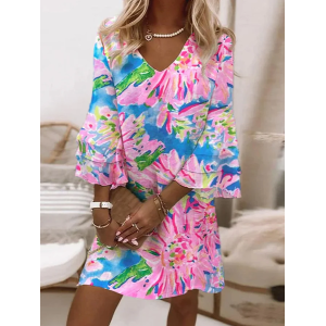 Women's Floral Half Sleeve Summer Printing Dress V Neck Daily Casual Midi Classic H-Line Dress