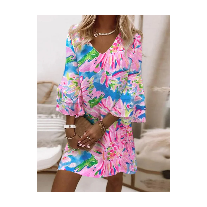 Women's Floral Half Sleeve Summer Printing Dress V Neck Daily Casual Midi Classic H-Line Dress
