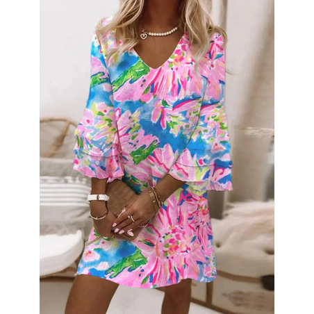 Women's Floral Half Sleeve Summer Printing Dress V Neck Daily Casual Midi Classic H-Line Dress