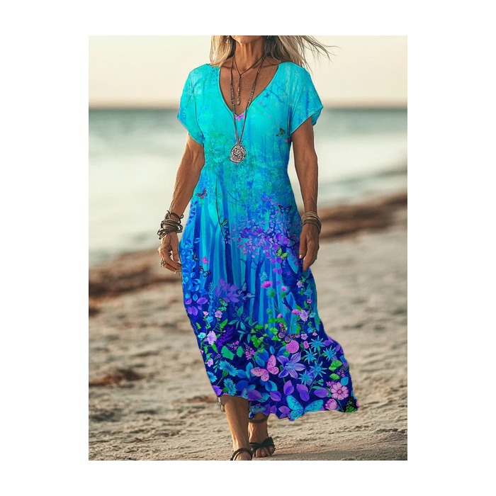 Women Floral Short Sleeve Summer Printing Dress V Neck Daily Casual Maxi X-Line Dress