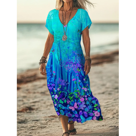 Women Floral Short Sleeve Summer Printing Dress V Neck Daily Casual Maxi X-Line Dress