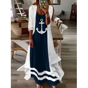 Women Anchor Printing Two-Piece Set Daily Three Quarter Sleeve Casual Spring/Fall Dress With Coat Matching Set