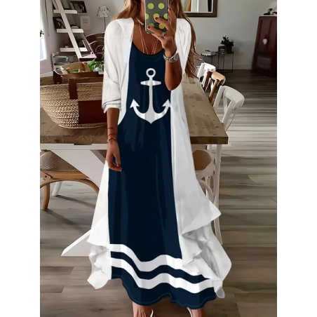 Women Anchor Printing Two-Piece Set Daily Three Quarter Sleeve Casual Spring/Fall Dress With Coat Matching Set
