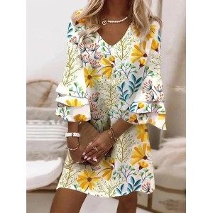 Women Floral Half Sleeve Summer Printing Dress V Neck Daily Casual Maxi H-Line Dress