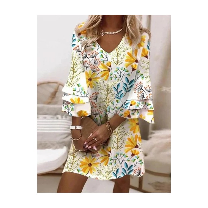 Women Floral Half Sleeve Summer Printing Dress V Neck Daily Casual Maxi H-Line Dress