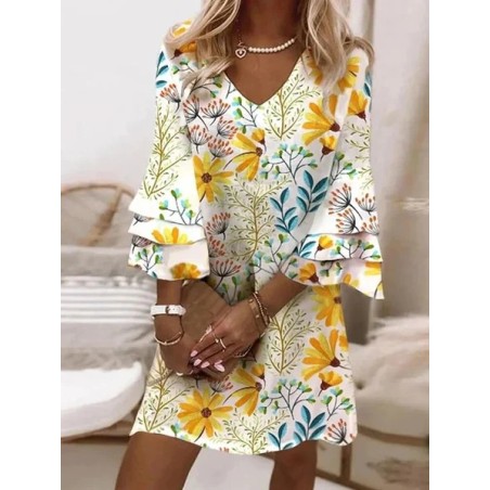 Women Floral Half Sleeve Summer Printing Dress V Neck Daily Casual Maxi H-Line Dress