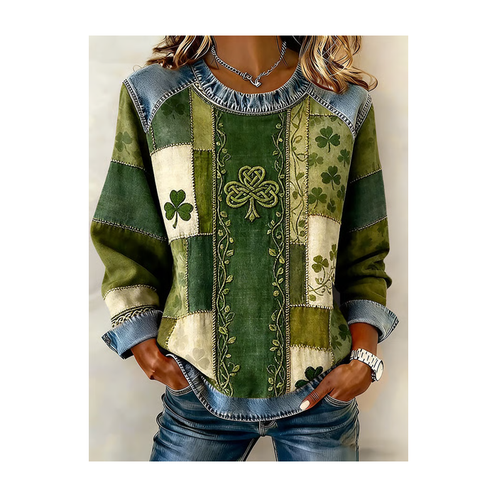 Women Shamrock Crew Neck Printing Vintage Spring/Fall Long Sleeve Sweatshirt