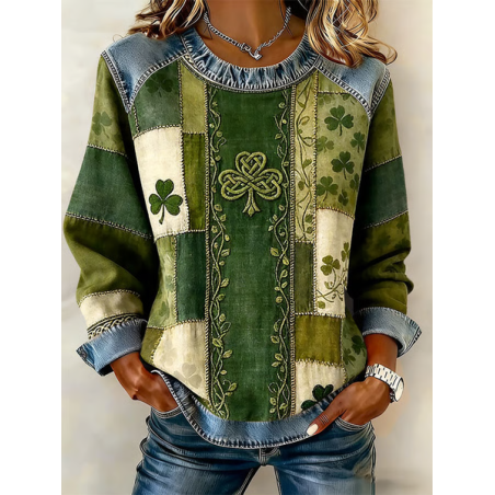 Women Shamrock Crew Neck Printing Vintage Spring/Fall Long Sleeve Sweatshirt
