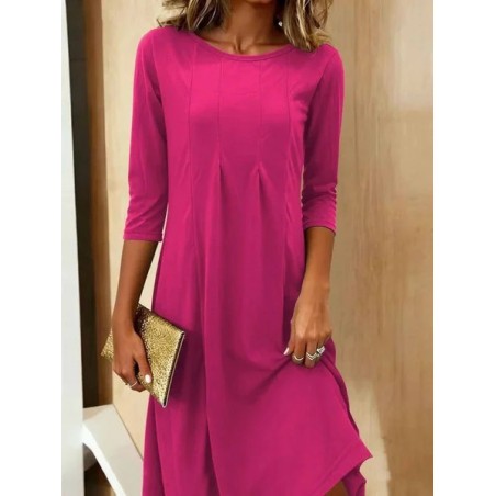 Women Plain Three Quarter Sleeve Spring/Fall Split Joint Dress Crew Neck Daily Casual Midi Tunic A-Line Dress