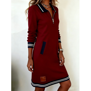 Women Color Block Long Sleeve V Neck Dress Daily Casual Midi A-Line Spring/Fall Dress