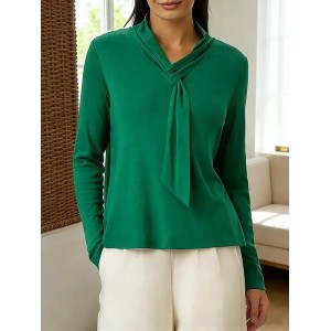 Women Plain Mock Neck Long Sleeve Shirt Split Joint Casual Daily Spring/Fall Top