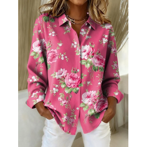 Women Floral Shirt Collar Long Sleeve Shirt Buckle Regular Sleeve Casual Daily Spring/Fall Top