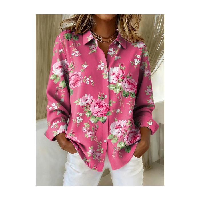 Women Floral Shirt Collar Long Sleeve Shirt Buckle Regular Sleeve Casual Daily Spring/Fall Top