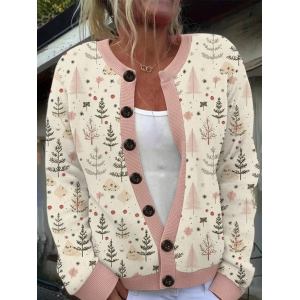 Women Christmas Printing Long Sleeve Crew Neck Vintage Spring/Fall Cardigan Outerwear