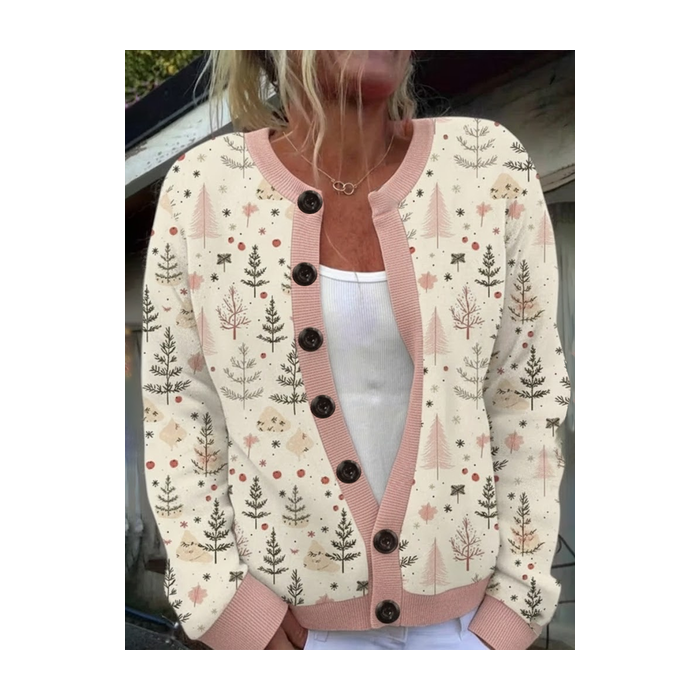 Women Christmas Printing Long Sleeve Crew Neck Vintage Spring/Fall Cardigan Outerwear