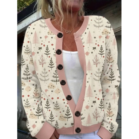 Women Christmas Printing Long Sleeve Crew Neck Vintage Spring/Fall Cardigan Outerwear